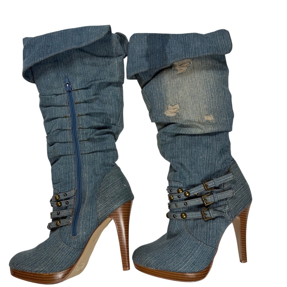 Blue Denim Slouchy Platform Stiletto Boots Studded Buckle Distressed‎ Womens 8